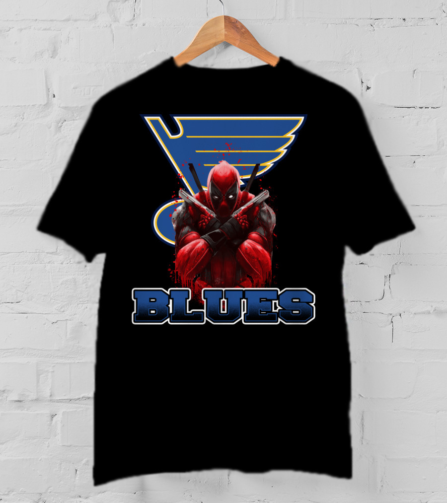 St. Louis Blues And Deadpool Crossover Fan Art With Iconic Blue And Yellow Hockey T-Shirt
