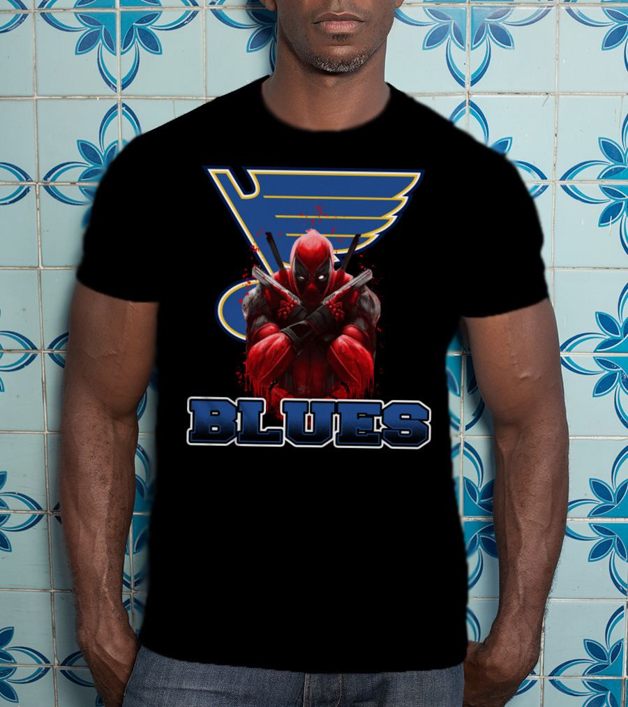 St. Louis Blues And Deadpool Crossover Fan Art With Iconic Blue And Yellow Hockey T-Shirt