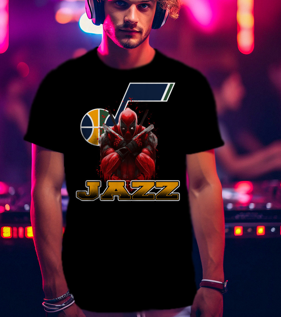 Utah Jazz NBA Logo With Deadpool Character Crossover For Fans T-Shirt