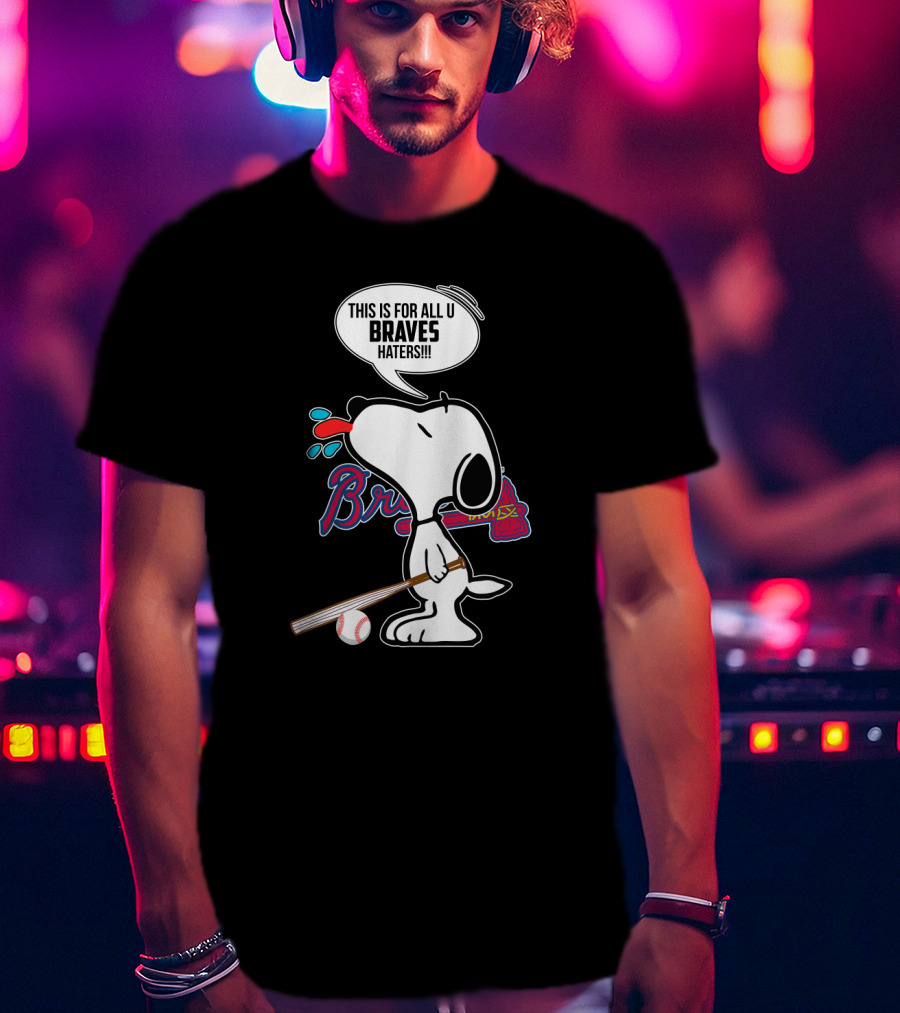 Snoopy Braves Tongue Out With Baseball Bat And Braves Text T-Shirt