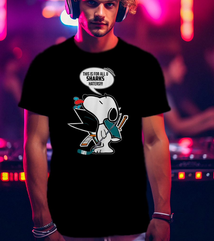 Snoopy Hockey Fan Defends San Jose Sharks Haters With Hockey Stick And Speech Bubble T-Shirt