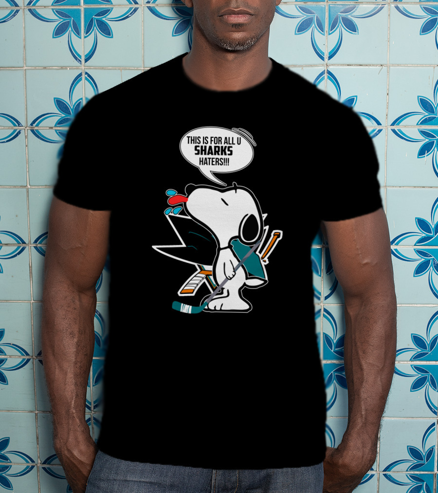 Snoopy Hockey Fan Defends San Jose Sharks Haters With Hockey Stick And Speech Bubble T-Shirt