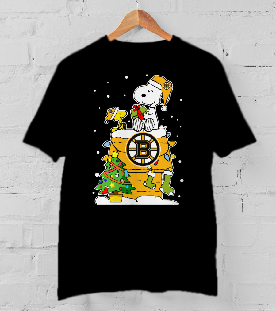 Boston Bruins Christmas Snoopy And Woodstock With Hockey T-Shirt
