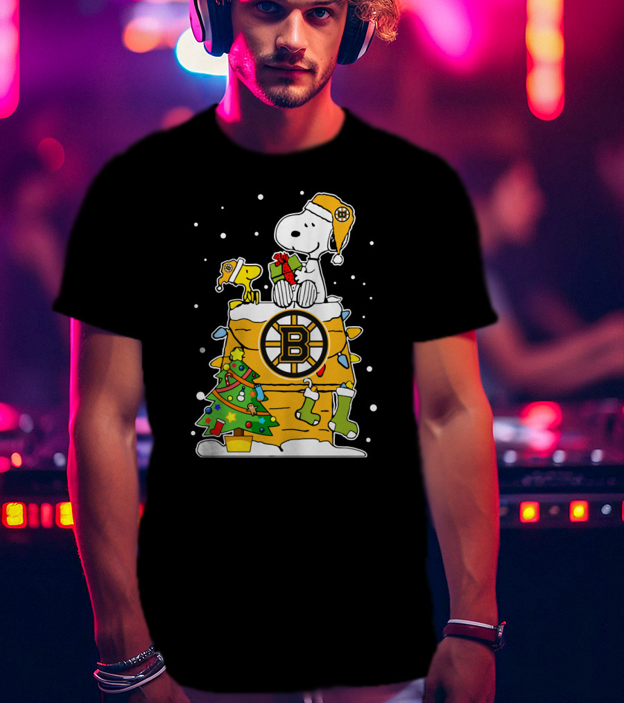 Boston Bruins Christmas Snoopy And Woodstock With Hockey T-Shirt
