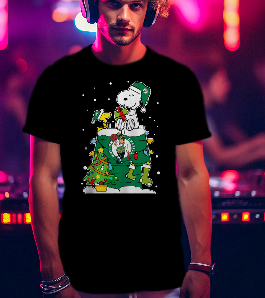 Boston Celtics Christmas Tree Snoopy And Woodstock Fan Favorite T-Shirt