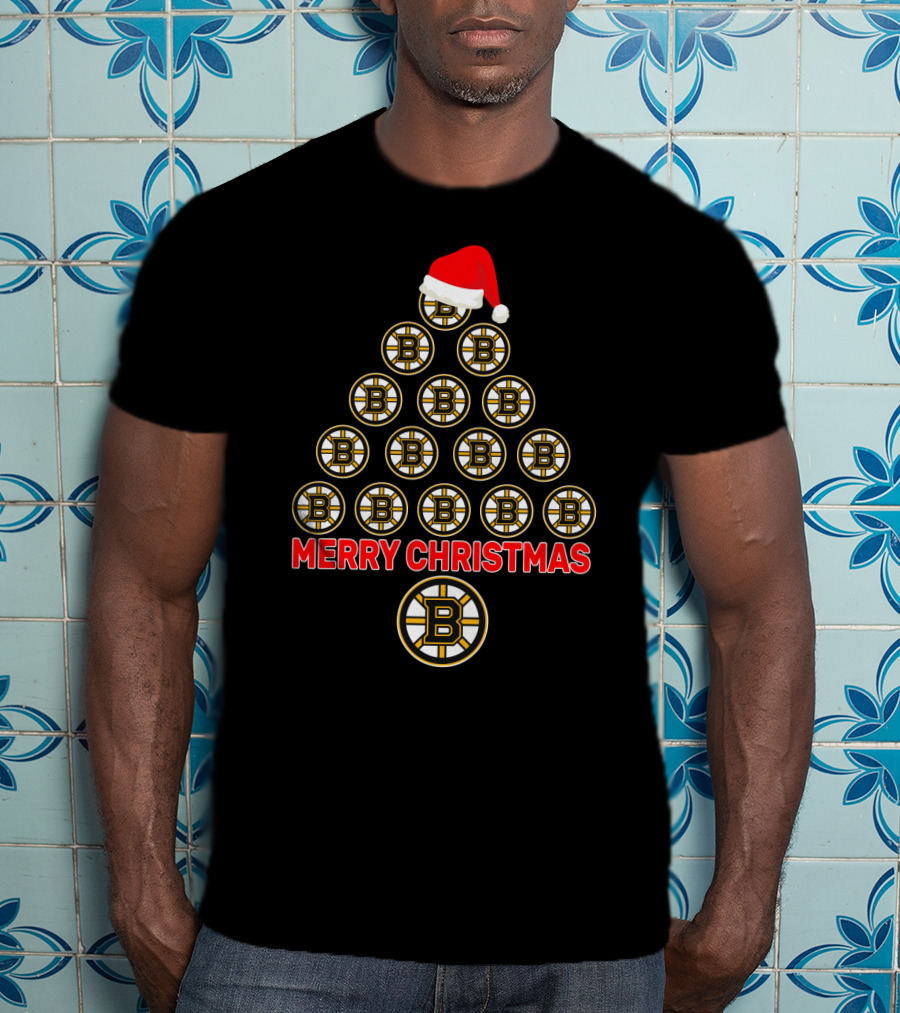 Merry Christmas Boston Bruins Tree Santa Hat T-Shirt
