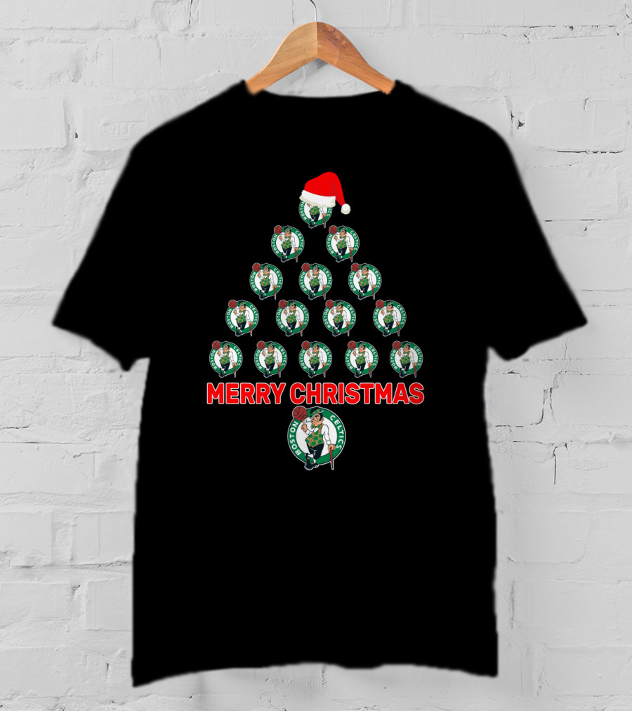 Merry Christmas Boston Celtics Santa Hat Tree T-Shirt