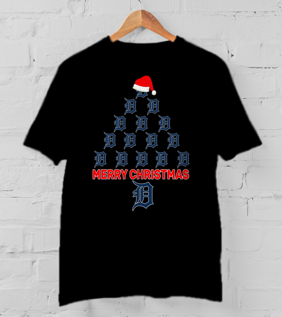 Merry Christmas Detroit Tigers Holiday Tree Design With Santa Hat T-Shirt
