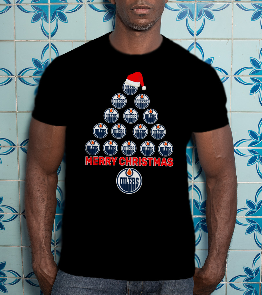 Merry Christmas Edmonton Oilers Tree With Logos And Santa Hat T-Shirt