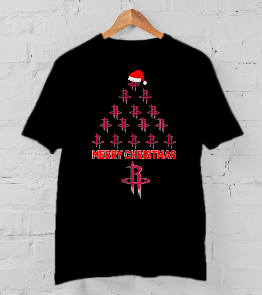 Merry Christmas Tree For Houston Rockets Fans With Santa Hat T-Shirt