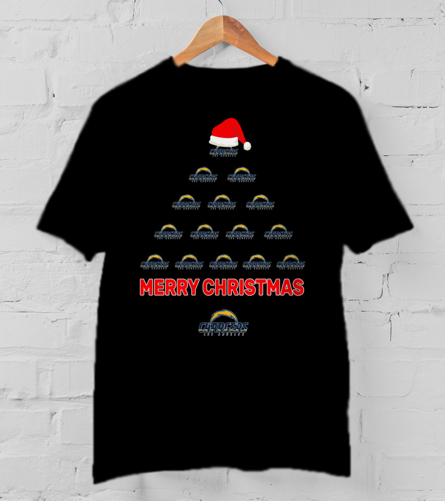 Merry Christmas Los Angeles Chargers Tree With Santa Hat T-Shirt
