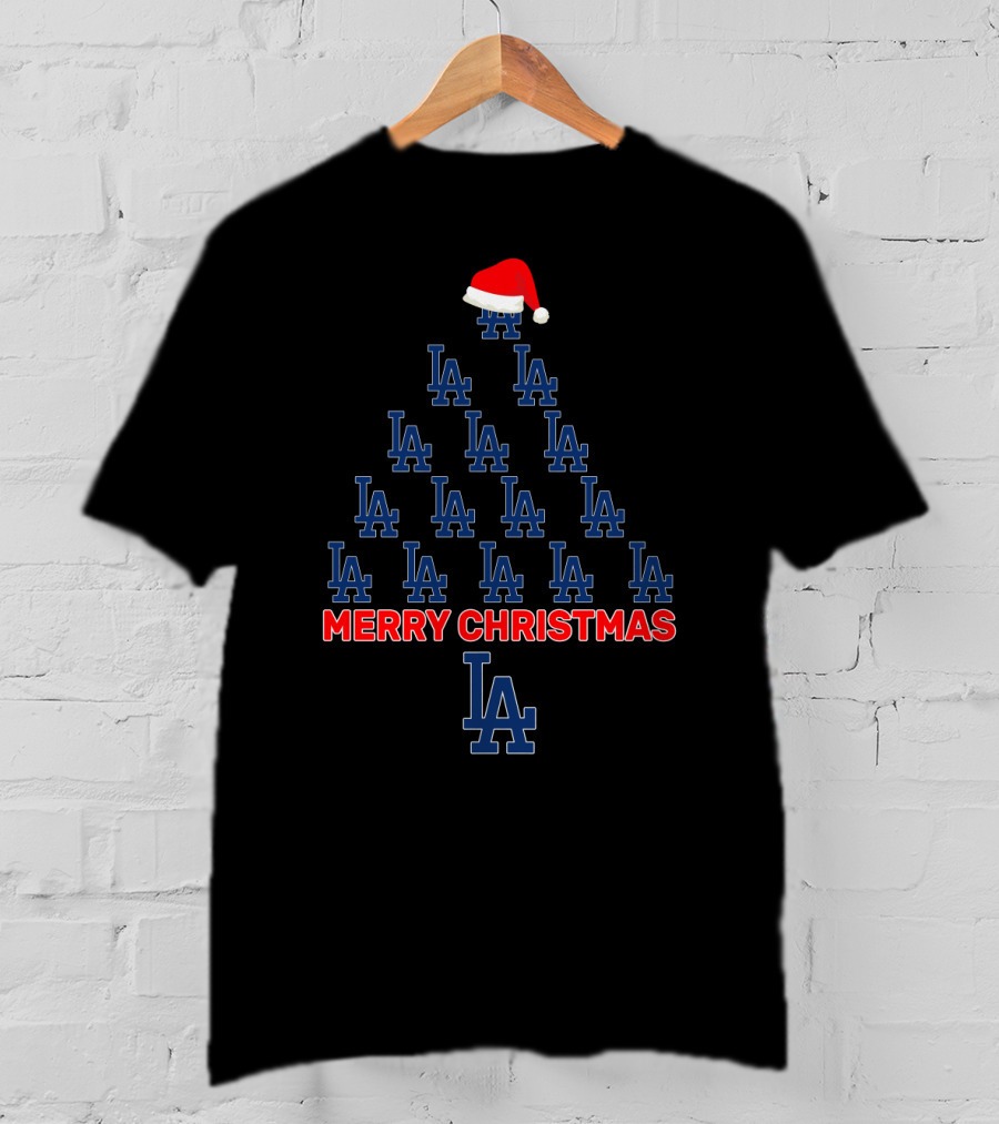 Merry Christmas LA Dodgers Tree With Santa Hat T-Shirt