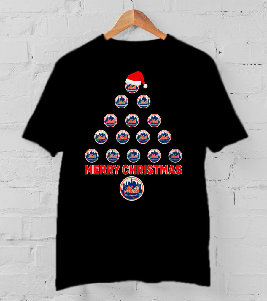 Merry Christmas New York Mets Tree With Santa Hat T-Shirt