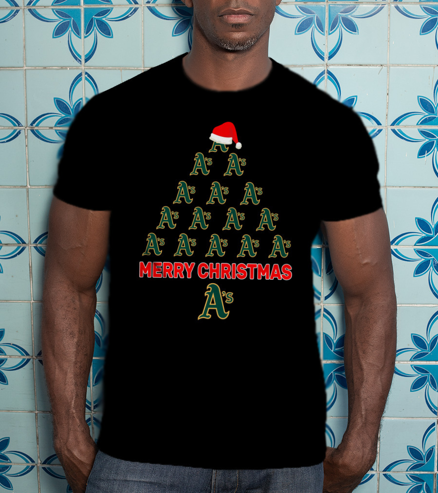 Merry Christmas Tree For Oakland Athletics A's Fans With Santa Hat T-Shirt