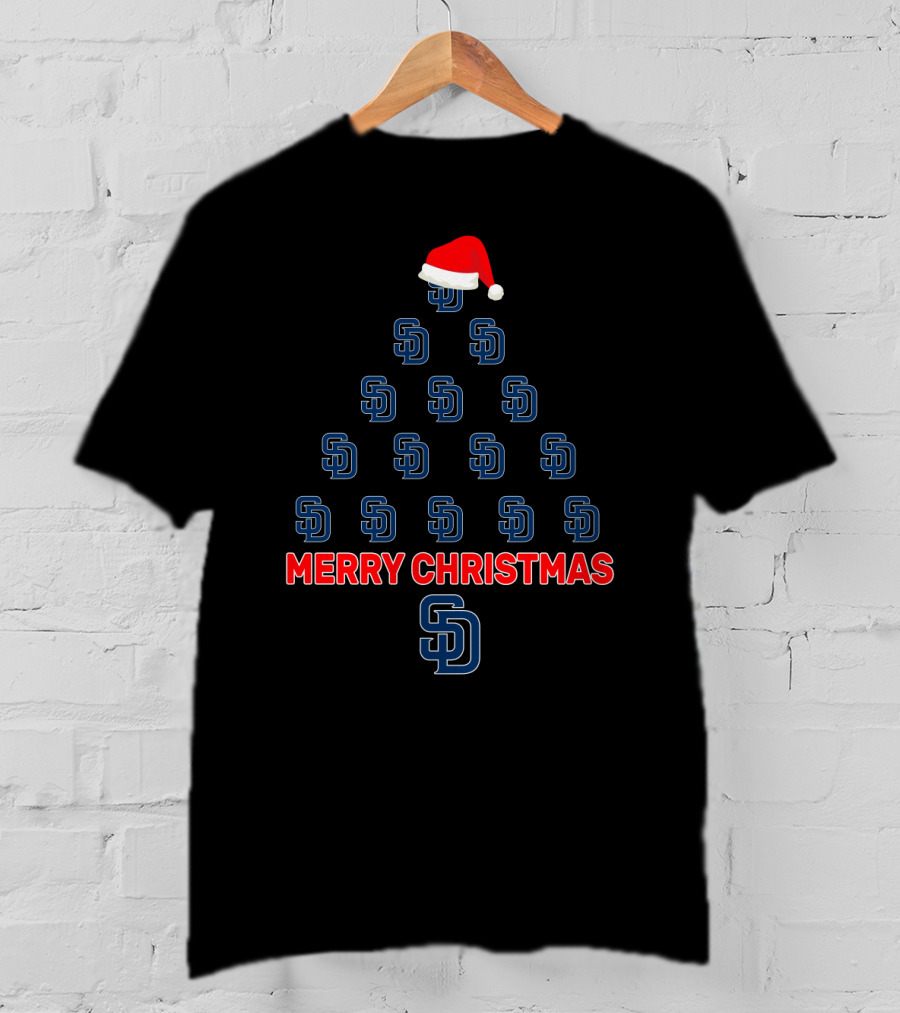 Merry Christmas San Diego Padres Fans With Santa Hat Tree Formation T-Shirt