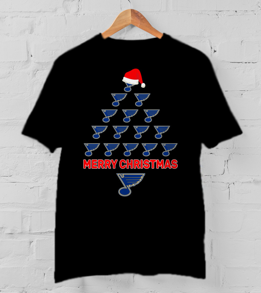 Merry Christmas Tree Made Of St. Louis Blues Logos With Santa Hat For Fans T-Shirt