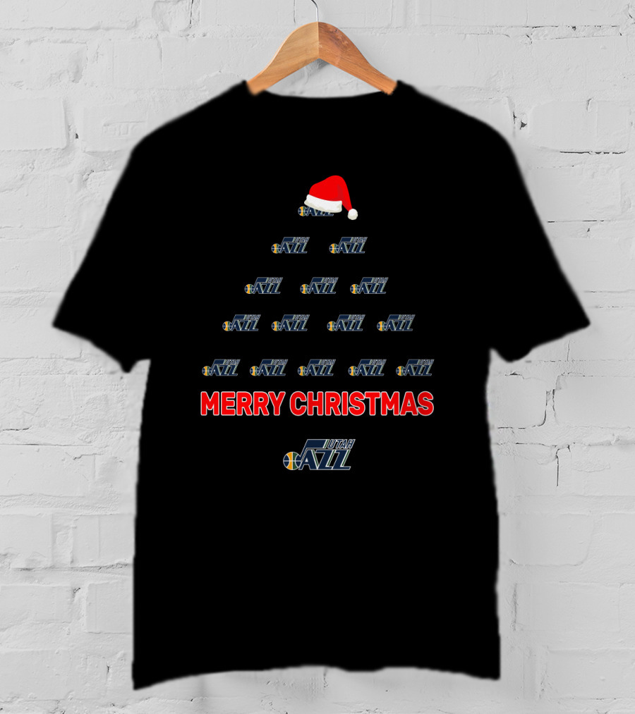 Utah Jazz Merry Christmas Tree With Logo And Santa Hat T-Shirt