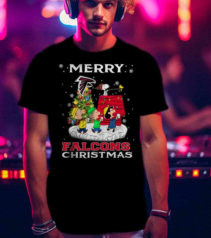 Merry Atlanta Falcons Christmas With Snoopy And Peanuts Characters T-Shirt