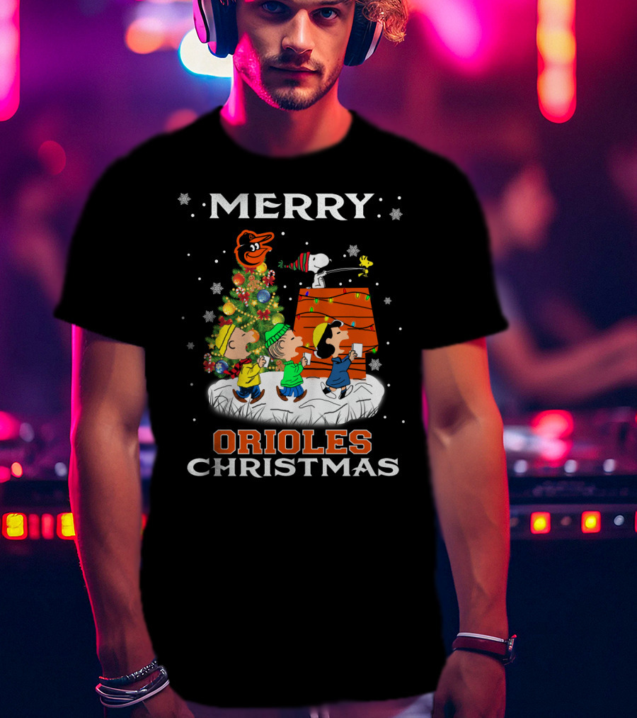 Merry Orioles Christmas Featuring Snoopy And Friends With Baltimore Logo And Festive Tree T-Shirt