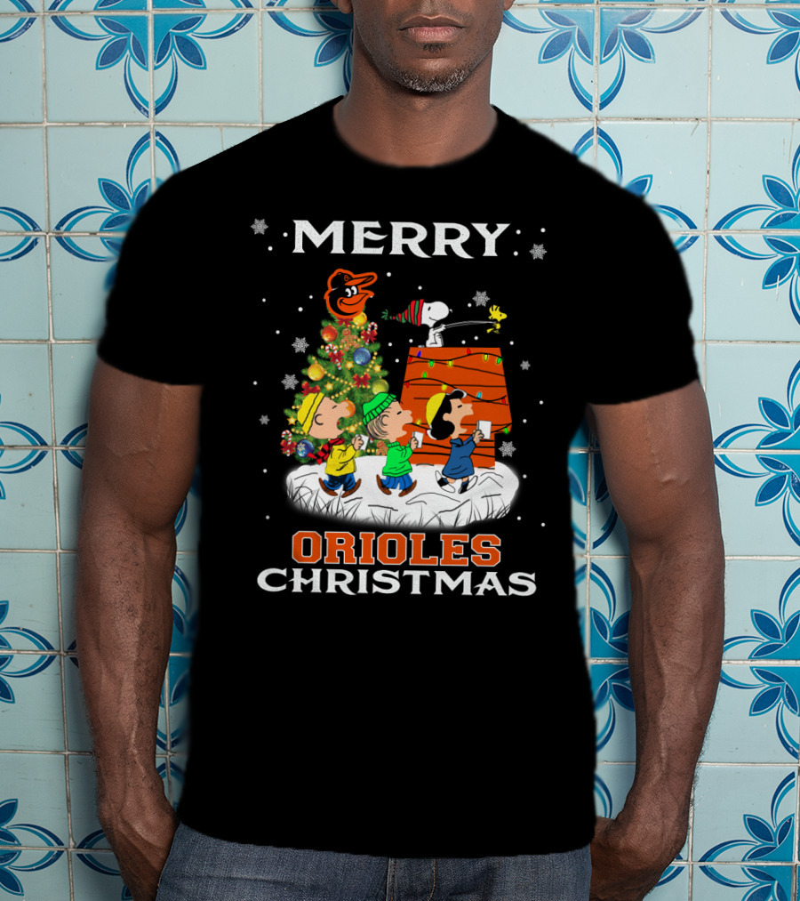 Merry Orioles Christmas Featuring Snoopy And Friends With Baltimore Logo And Festive Tree T-Shirt