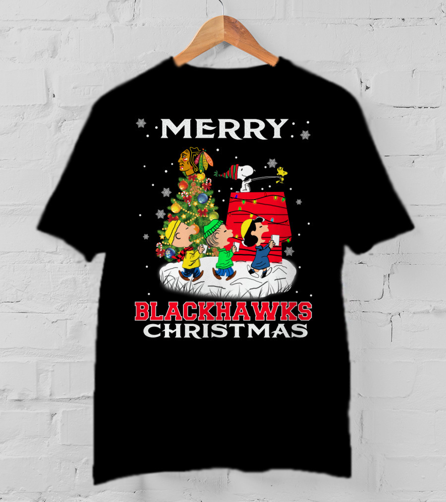 Merry Blackhawks Christmas Featuring Snoopy Woodstock And Friends With Chicago Blackhawks T-Shirt