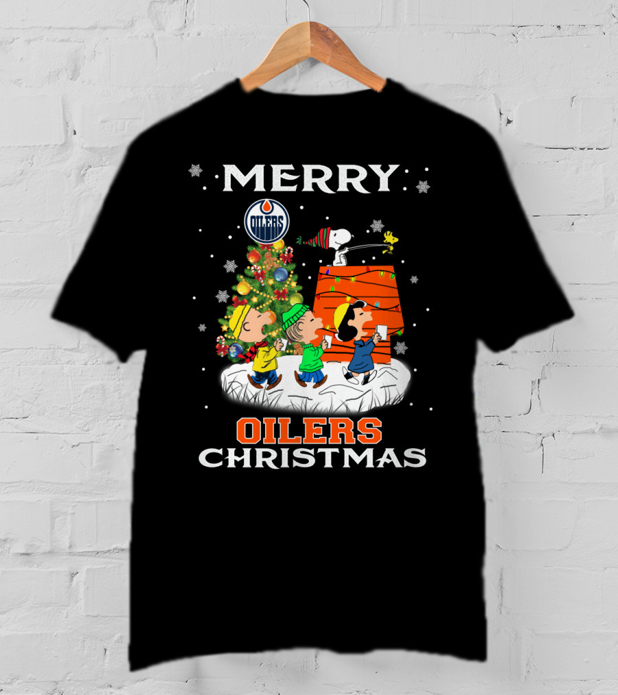 Merry Edmonton Oilers Christmas With Snoopy And Peanuts Characters T-Shirt