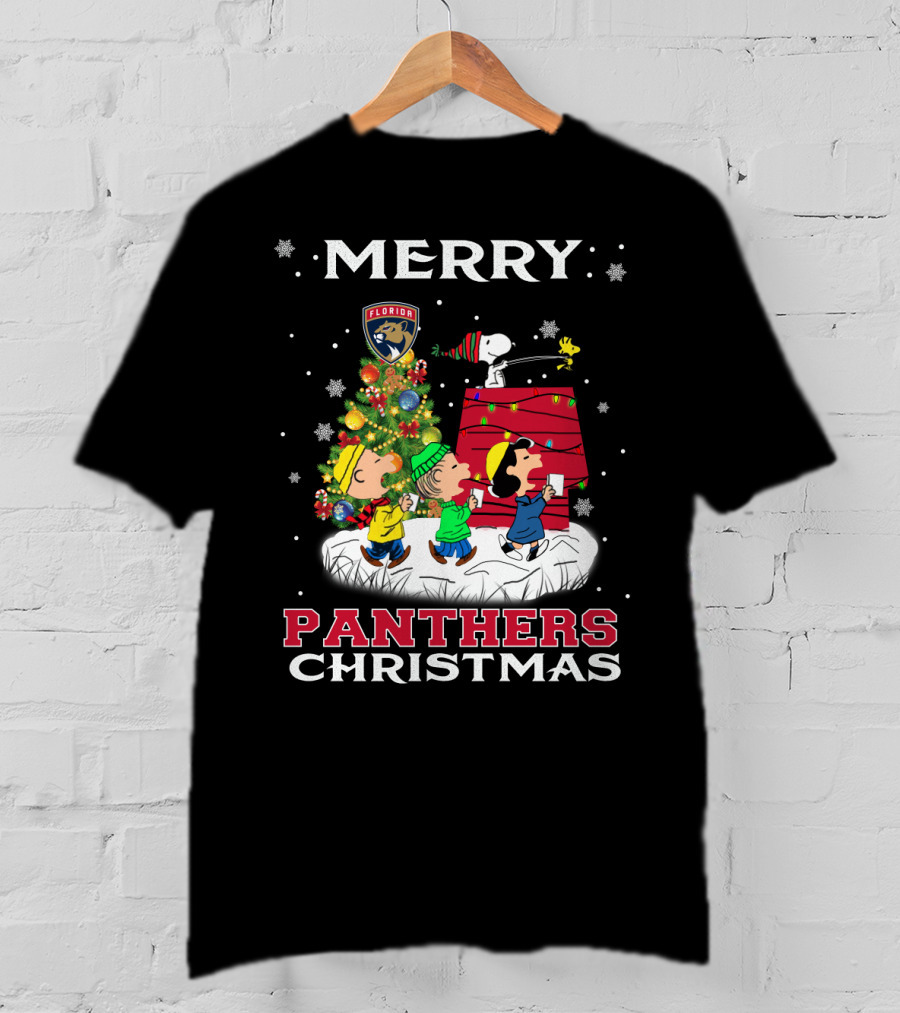 Merry Florida Panthers Christmas With Snoopy And Peanuts Holiday Scene T-Shirt