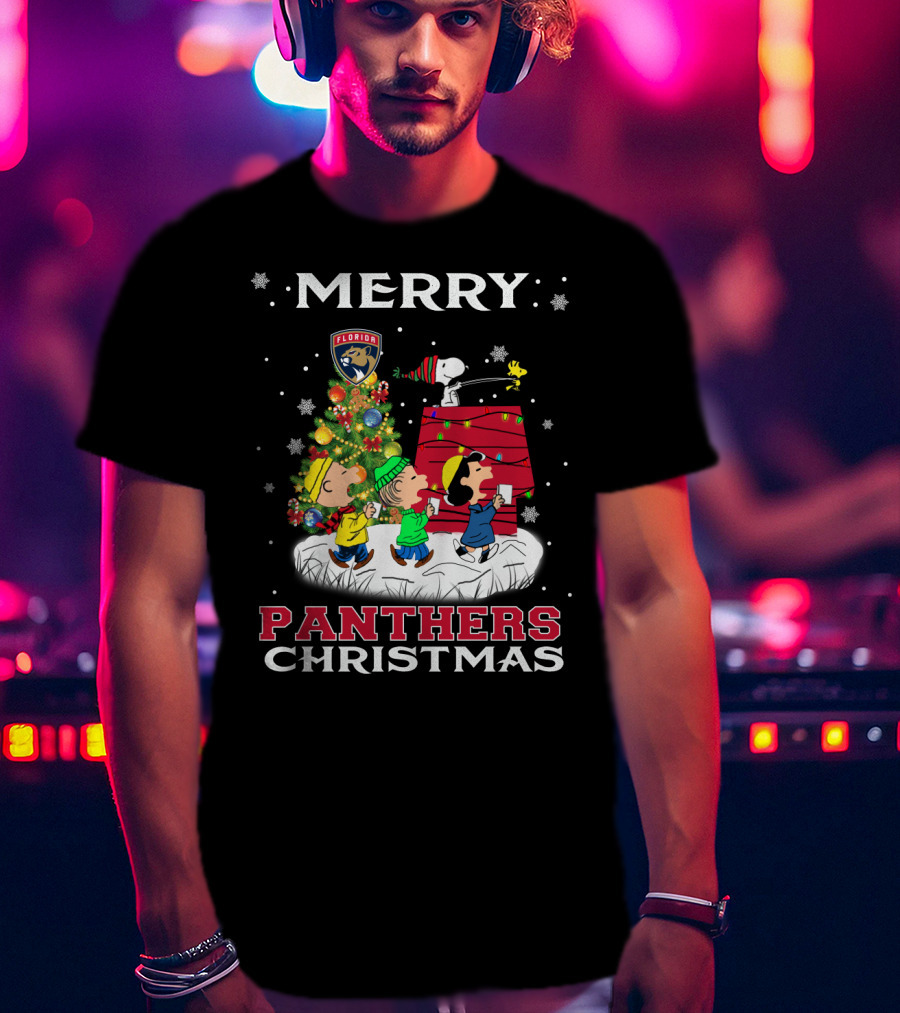 Merry Florida Panthers Christmas With Snoopy And Peanuts Holiday Scene T-Shirt