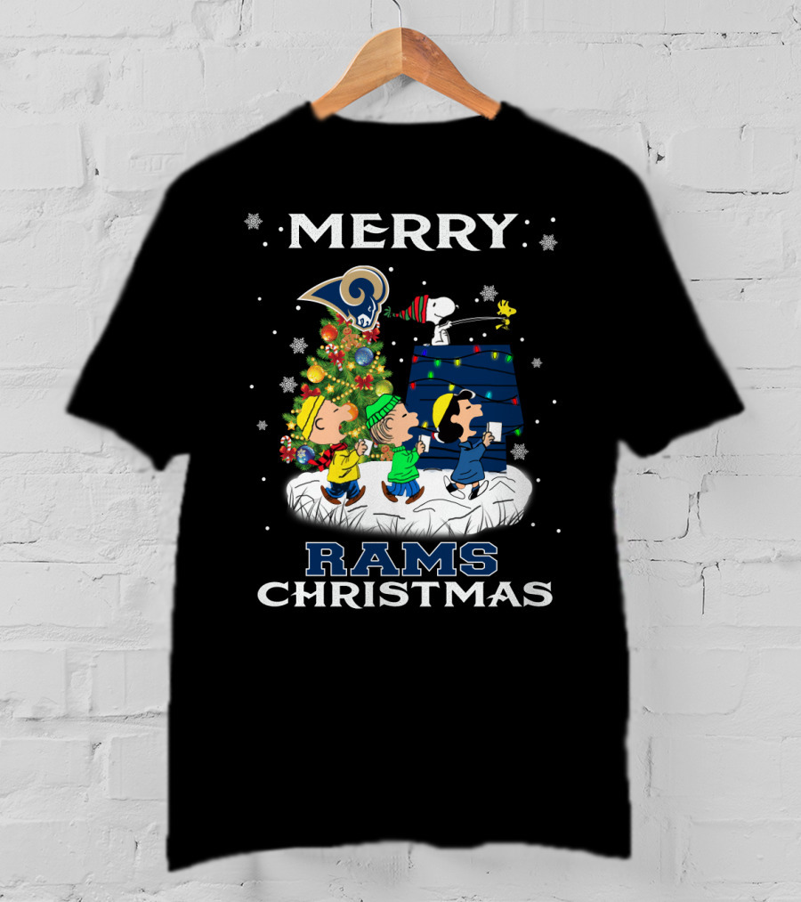 Merry Los Angeles Rams Christmas Snoopy Woodstock Charlie Brown Lucy Peanuts T-Shirt
