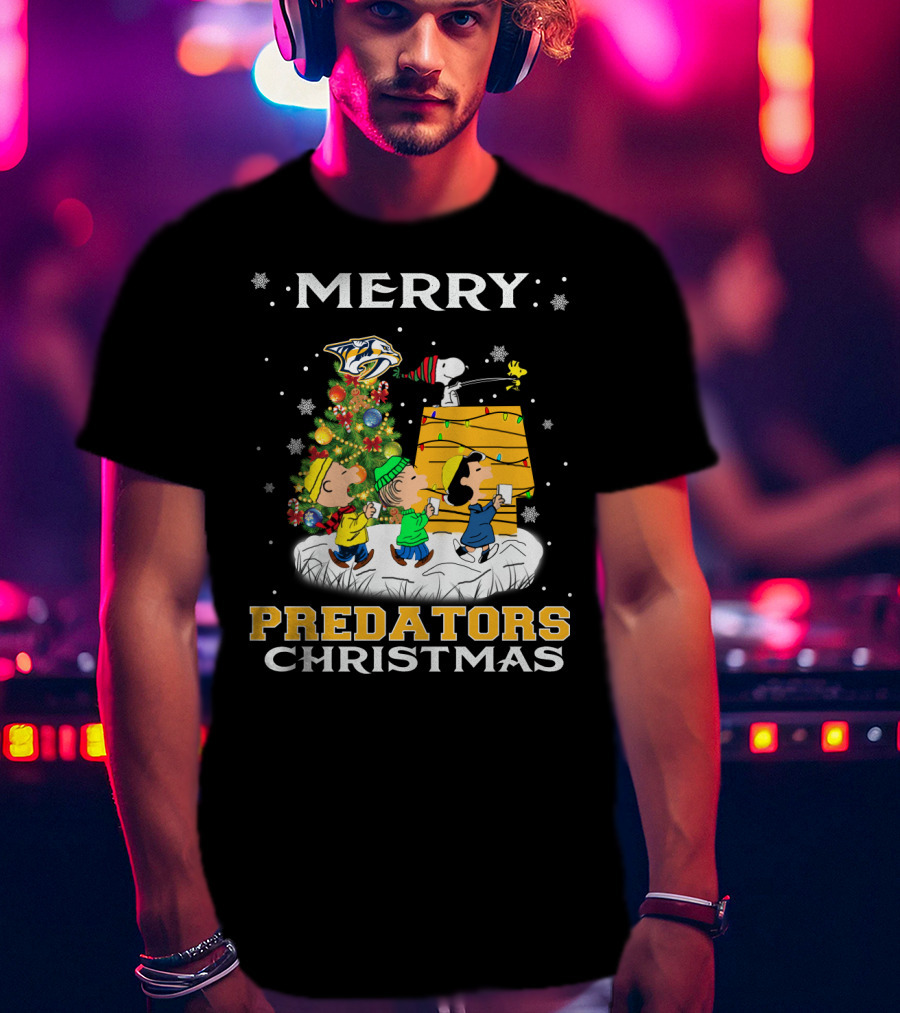 Merry Predators Christmas Featuring Snoopy And Nashville Holiday Cheer T-Shirt