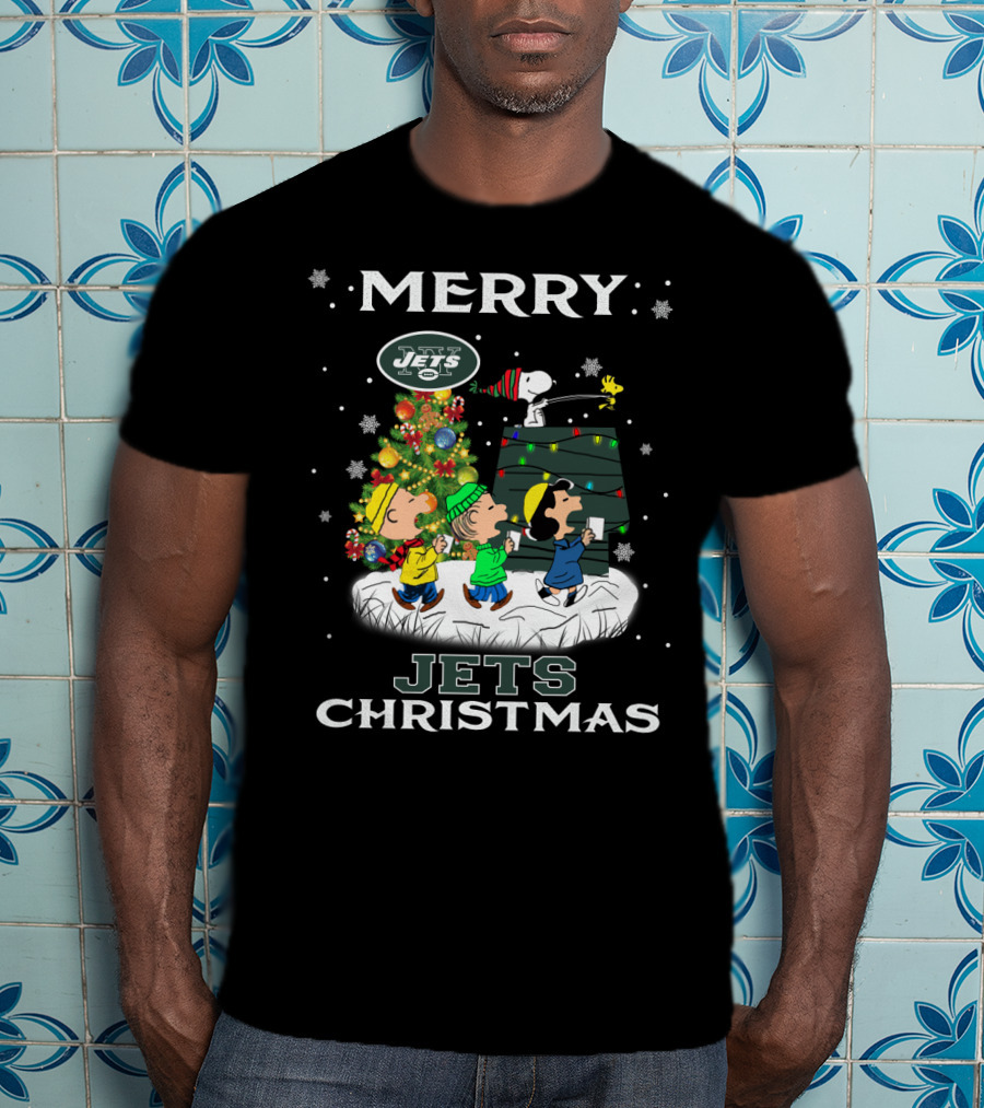 Merry Jets Christmas New York Snoopy Fans Peanuts Tree T-Shirt