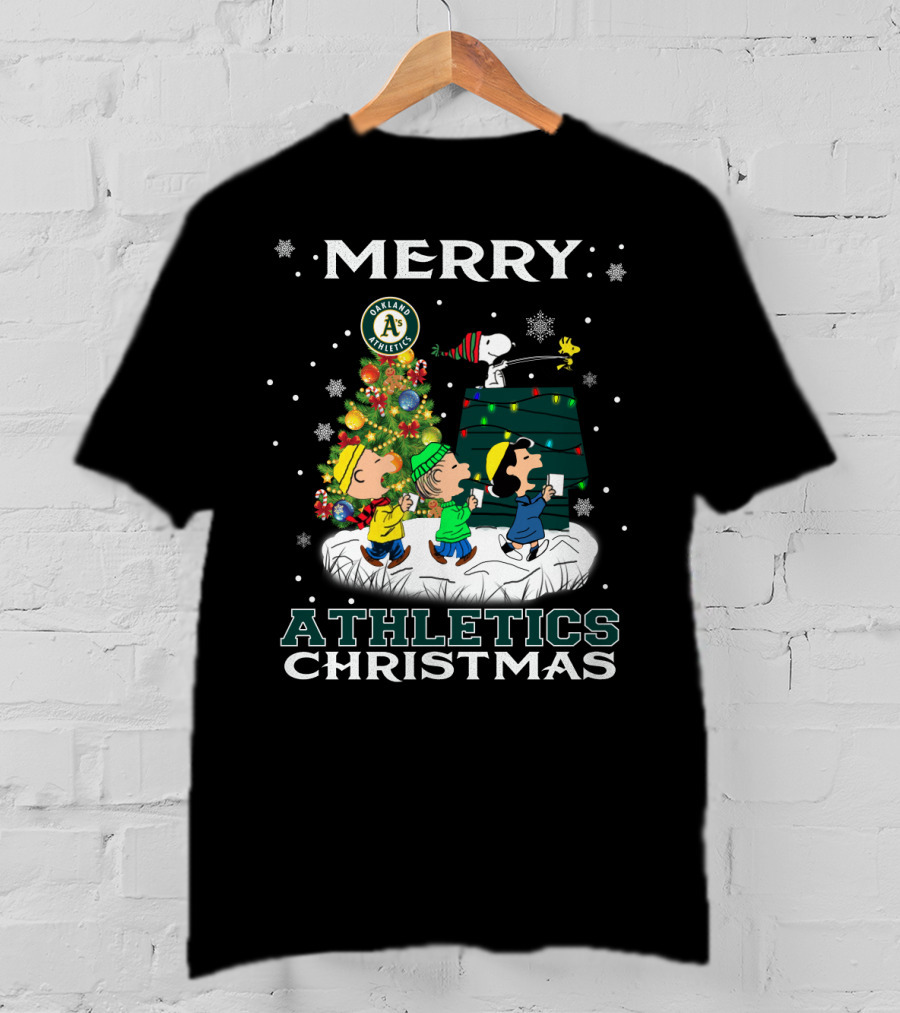 Merry Oakland Athletics Christmas With Snoopy And Friends T-Shirt