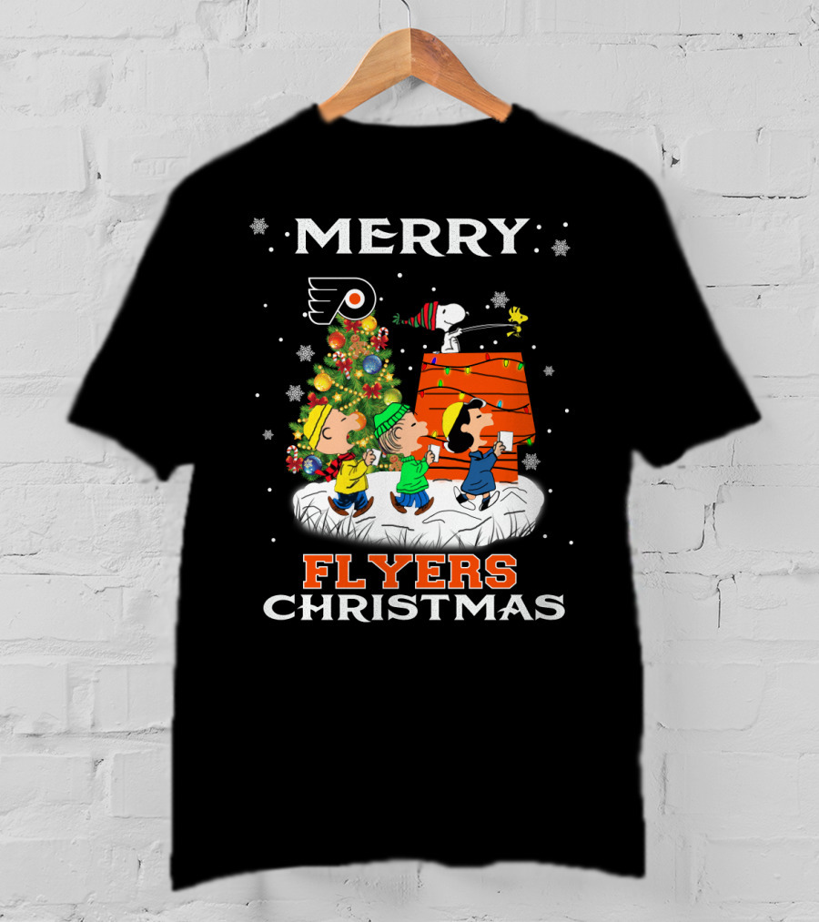 Merry Philadelphia Flyers Christmas Snoopy Peanuts Holiday Celebration Tree Woodstock T-Shirt