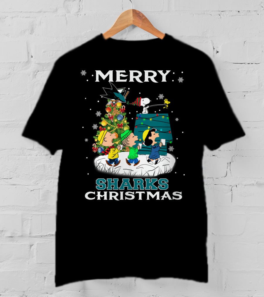 Merry San Jose Sharks Christmas With Snoopy And Friends Holiday T-Shirt