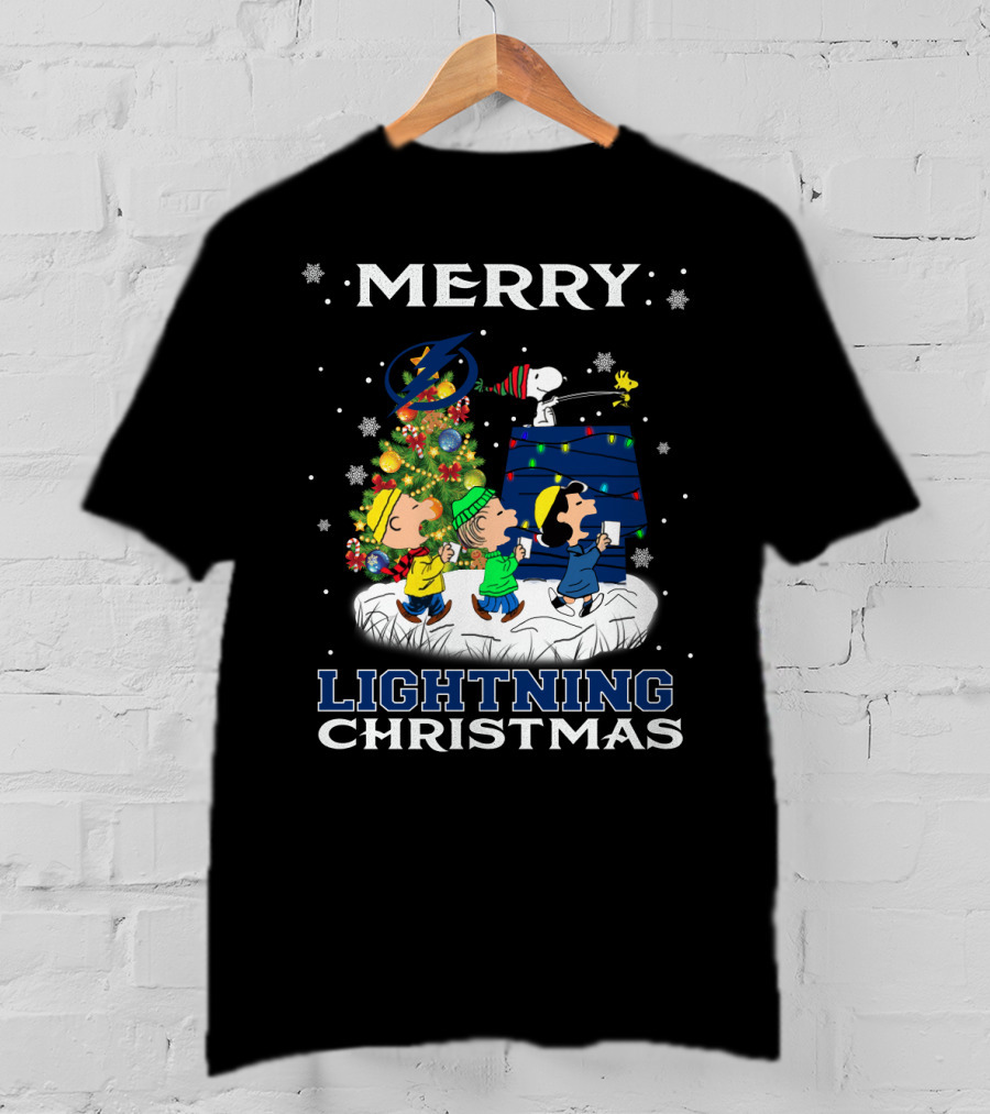 Merry Tampa Bay Lightning Christmas Snoopy And Friends With Holiday Tree T-Shirt