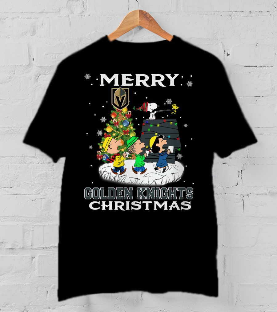 Merry Golden Knights Christmas Featuring Snoopy And Peanuts Characters With Christmas Tree T-Shirt