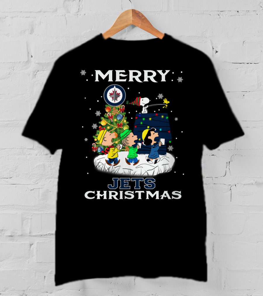Merry Winnipeg Jets Christmas Featuring Snoopy And Peanuts Holiday Scene T-Shirt