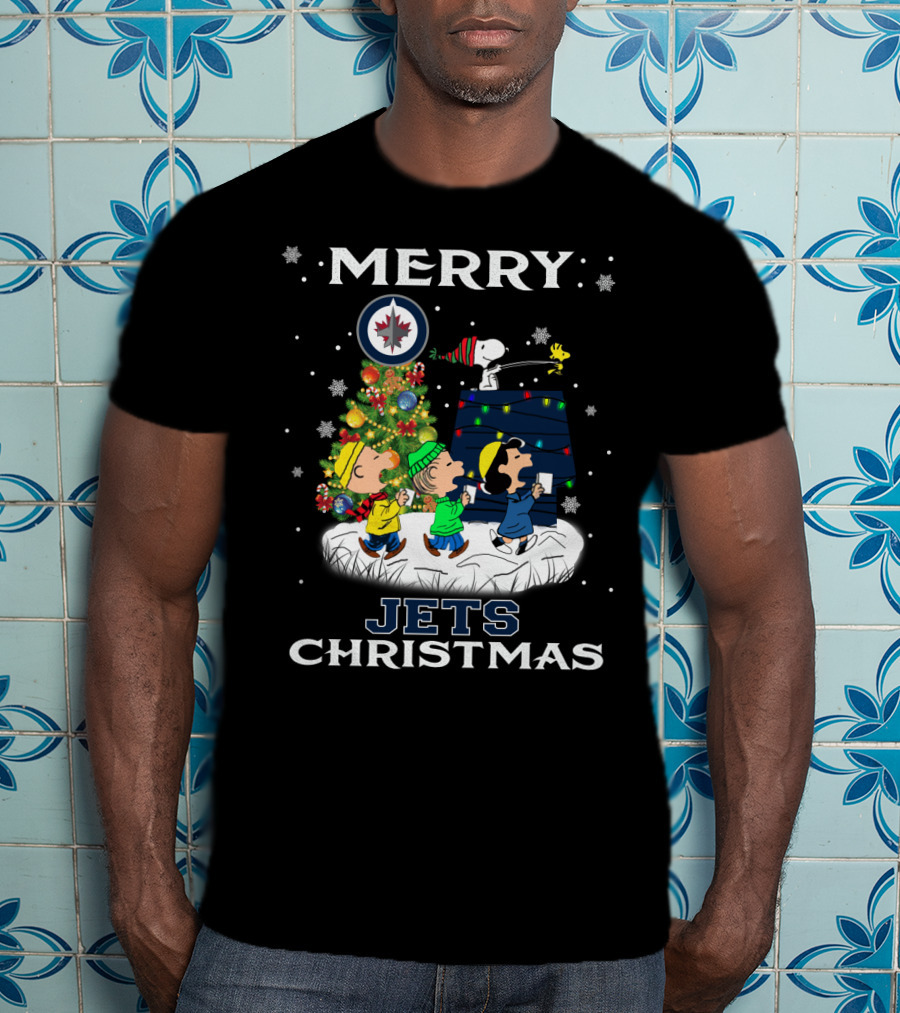 Merry Winnipeg Jets Christmas Featuring Snoopy And Peanuts Holiday Scene T-Shirt