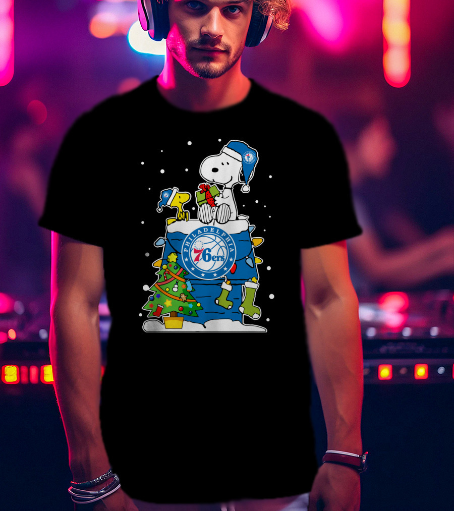 Philadelphia 76ers Snoopy Christmas Present With Tree And Woodstock T-Shirt