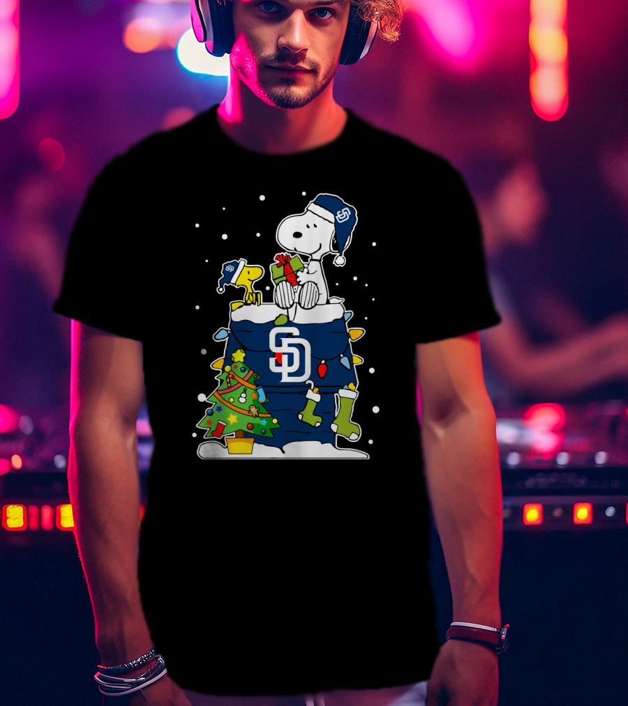 San Diego Padres Snoopy And Woodstock Christmas Scene With Gifts And Tree T-Shirt