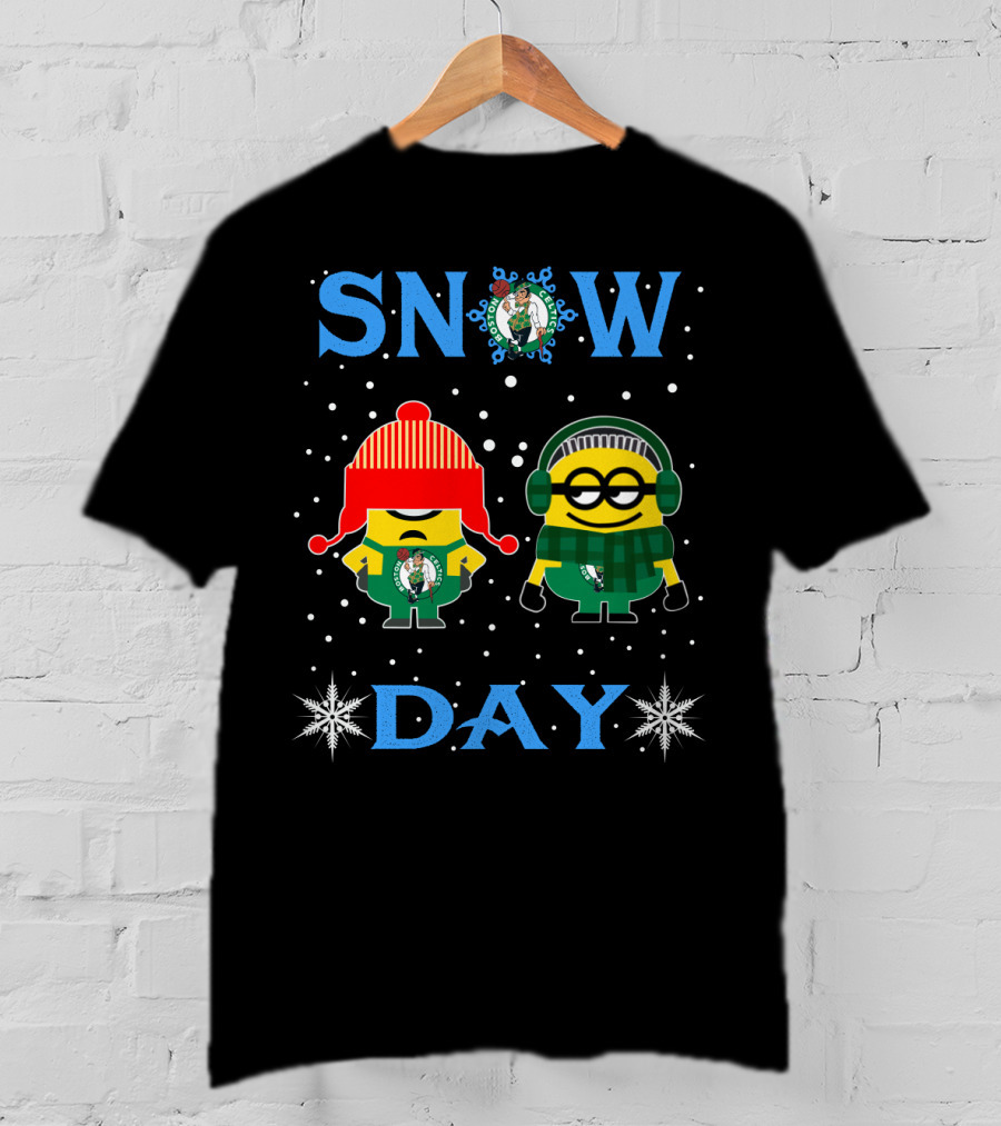 Boston Celtics Snow Day Featuring Minion Fans Celebrating Winter Fun T-Shirt