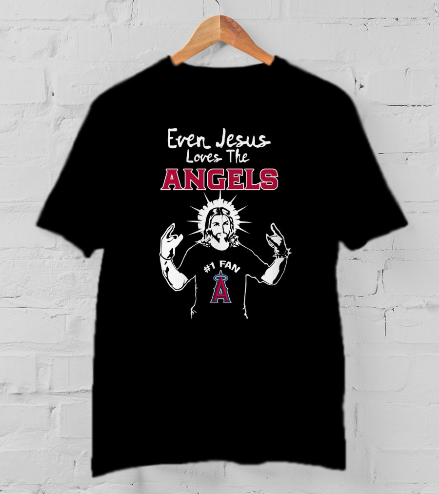Even Jesus Loves The Los Angeles Angels #1 Fan With Halo And Hand Gestures T-Shirt