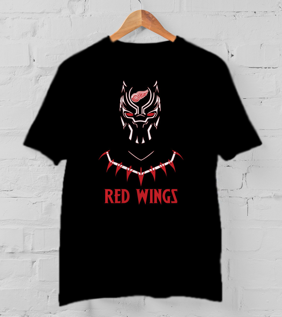 Black Panther Mask With Detroit Red Wings Logo And Red Wings T-Shirt