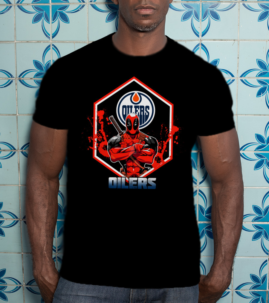 Deadpool Edmonton Oilers Fans Logo Crossover T-Shirt
