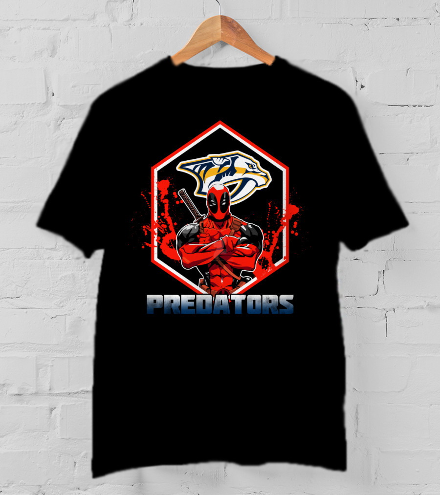 Deadpool Crossing Arms In Front Of Nashville Predators Logo With Red Splatter Background T-Shirt