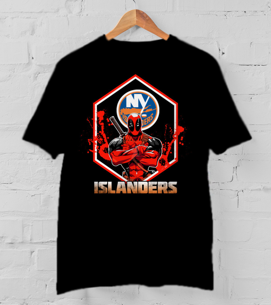 Deadpool NY Islanders Crossover Fan Art With Hockey And Comic Book Themes T-Shirt