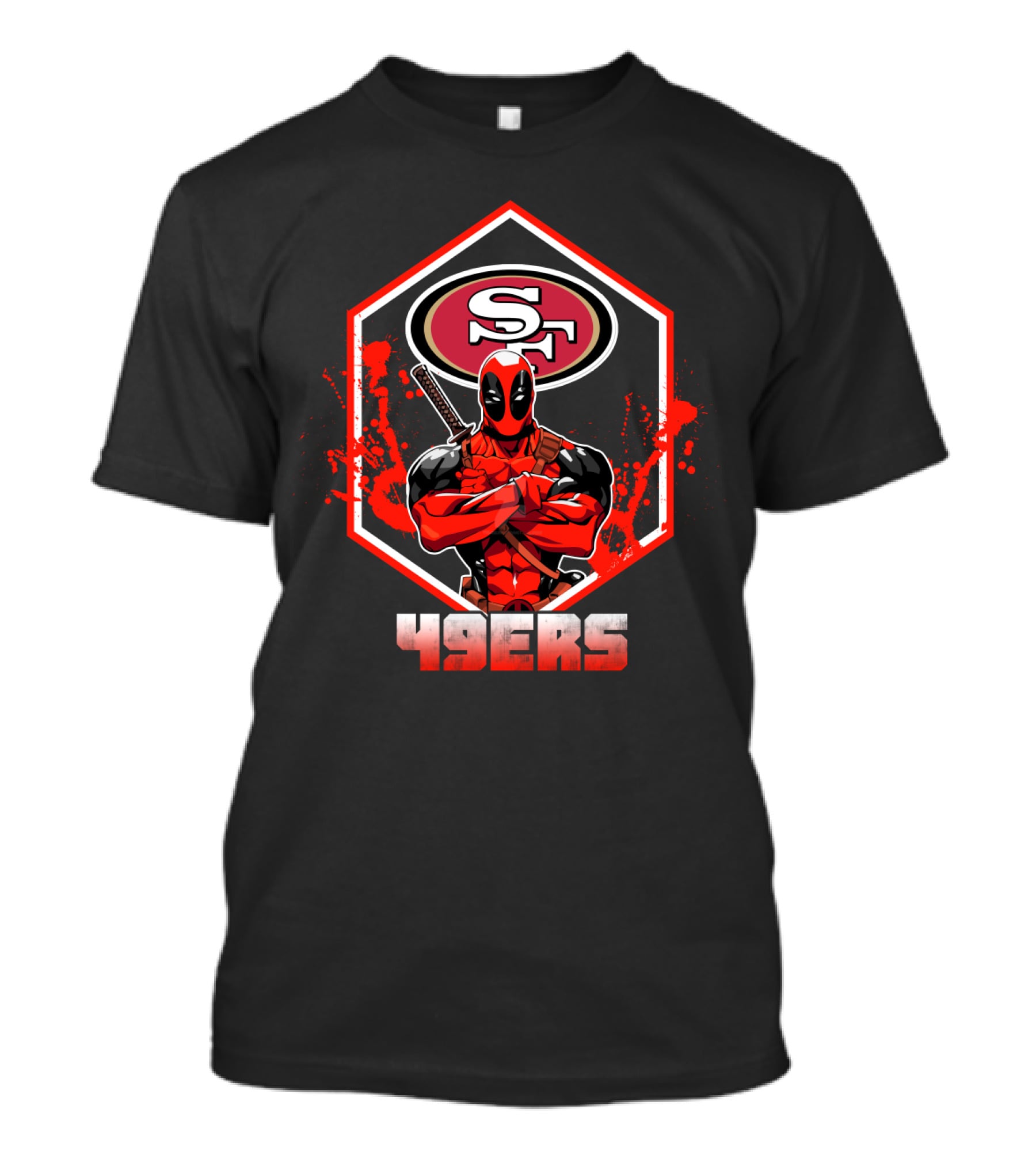 Deadpool Crossing Arms In Front Of San Francisco 49ers Logo With 49ers T-Shirt