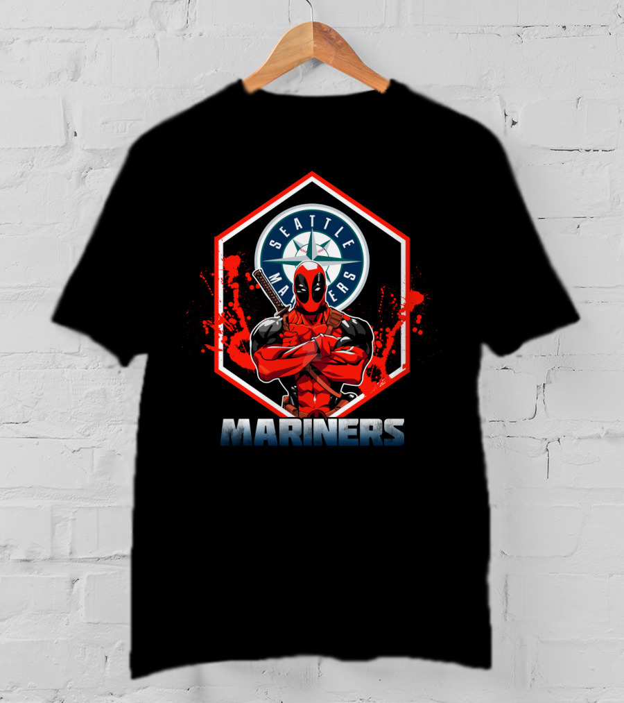Deadpool Seattle Mariners MLB Crossover Fan Art Bust Pose T-Shirt