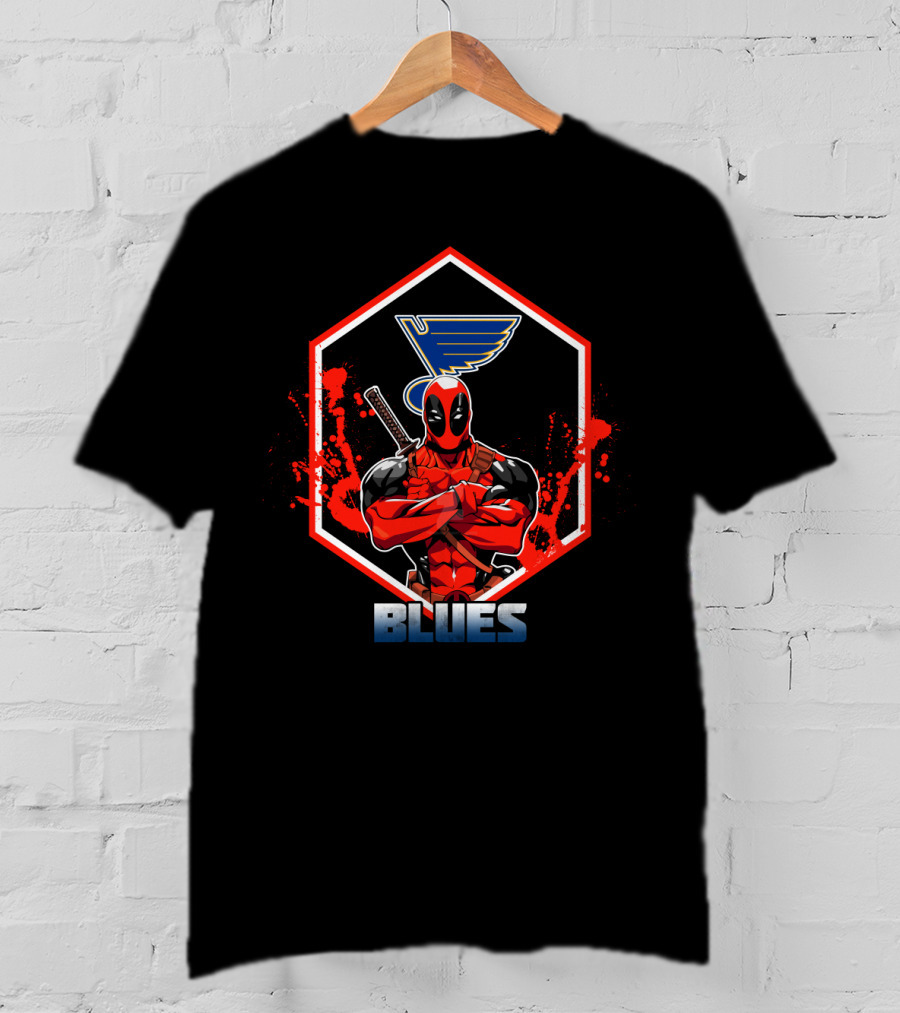 Deadpool Crossed Arms St. Louis Blues Hexagon Logo Fan T-Shirt