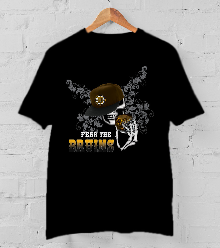Boston Bruins Skull With Cap And Hockey Helmet - Fear The Bruins T-Shirt